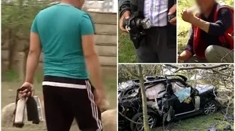 Imagini cu taranii din Sacele care luau obiecte personale si parti din caroseria masinii lui Razvan Ciobanu! Un Barbat a fost filmat in timp ce ii bea sucul!