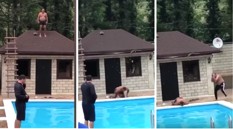 VIDEO! A fost la un pas de moarte dupa ce a vrut sa se arunce de pe acoperis in piscina si a cazut cu capul fix pe beton! Imaginile sunt infioratoare!