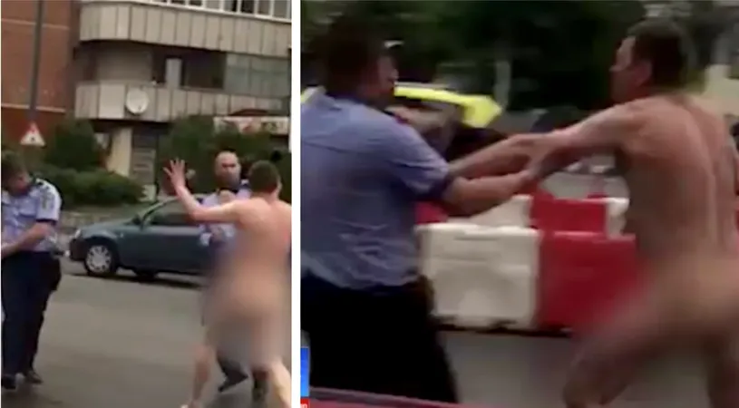 Un barbat de 51 de ani, complet dezbracat, s-a batut cu politistii in mijlocul orasului! A fugit de la psihiatrie din Ramnicu Valcea! VIDEO