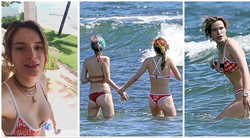 Bella Thorne, in costum de baie! Valurile i-au jucat feste si i-au expus sanii in public