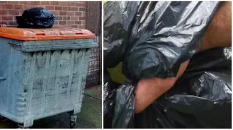 A gasit o punga deasupra unui tomberon, dar s-a temut sa se apropie cand a auzit sunete ciudate. S-a uitat mai bine si a ramas masca. CE era in interior