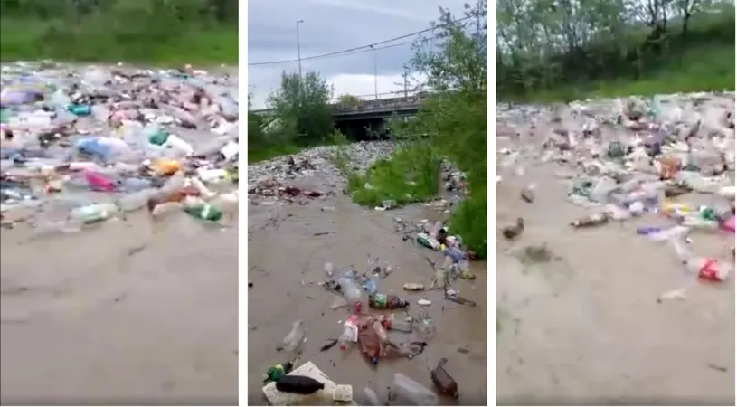Imagini groaznice cu un rau de gunoaie din Romania! Tone de pet-uri de plastic plutesc in viteza: Doamne! Cat mai rezista planeta asta? VIDEO
