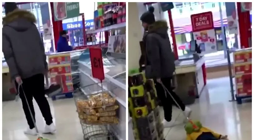 Copil, tarat prin supermarket de tatal lui. Imaginile sunt revoltatoare VIDEO