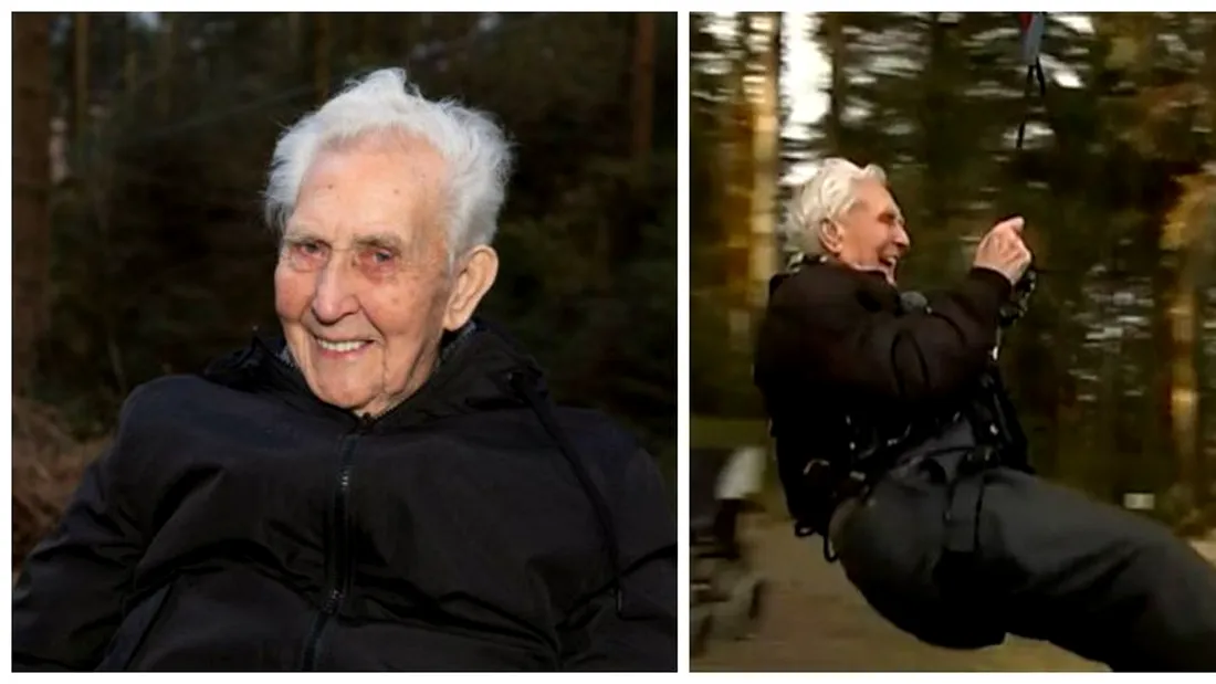 Pensionarul de 106 ani aventuros! E mai energic decat un tanar. De ziua lui, s-a dat pe tiroliana. Ce il mentine TANAR