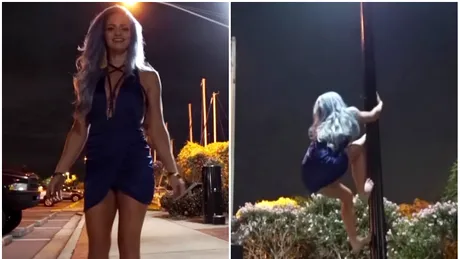 Blondina asta se plimba cu sotul in oras cand dintr-o data si-a scos tocurile si s-a urcat pe un stalp de iluminat! Ce a urmat e incredibil! VIDEO