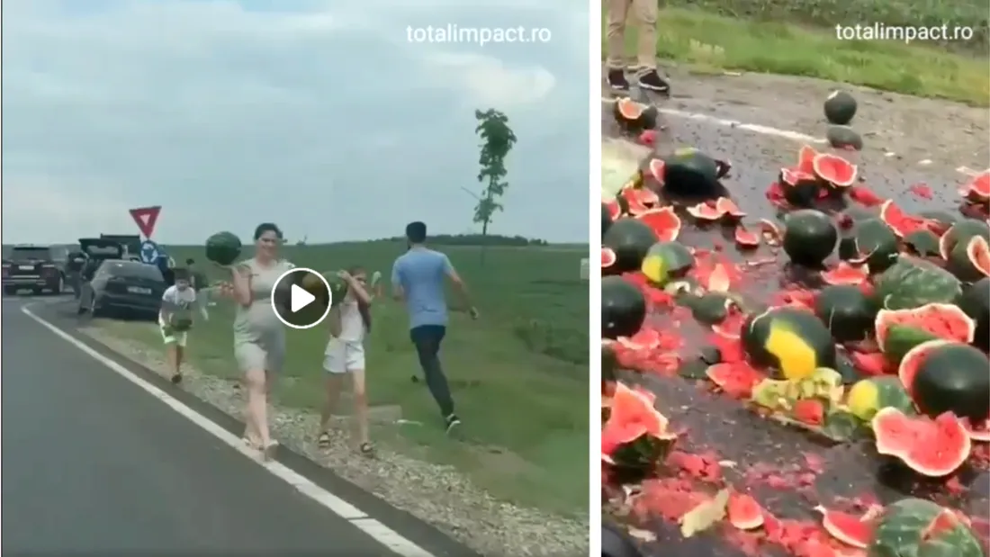 Asta-i Romania! Zeci de oameni au sarit din masini sa ia pepenii cazuti dintr-un camion, la iesire din Alexandria! Lumea fugea printre masini oprite VIDEO