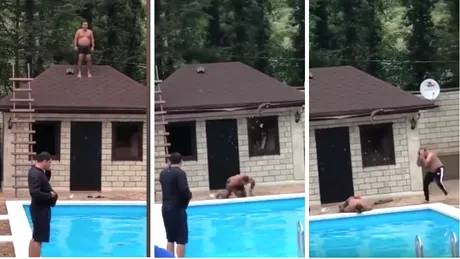 VIDEO! A fost la un pas de moarte dupa ce a vrut sa se arunce de pe acoperis in piscina si a cazut cu capul fix pe beton! Imaginile sunt infioratoare!