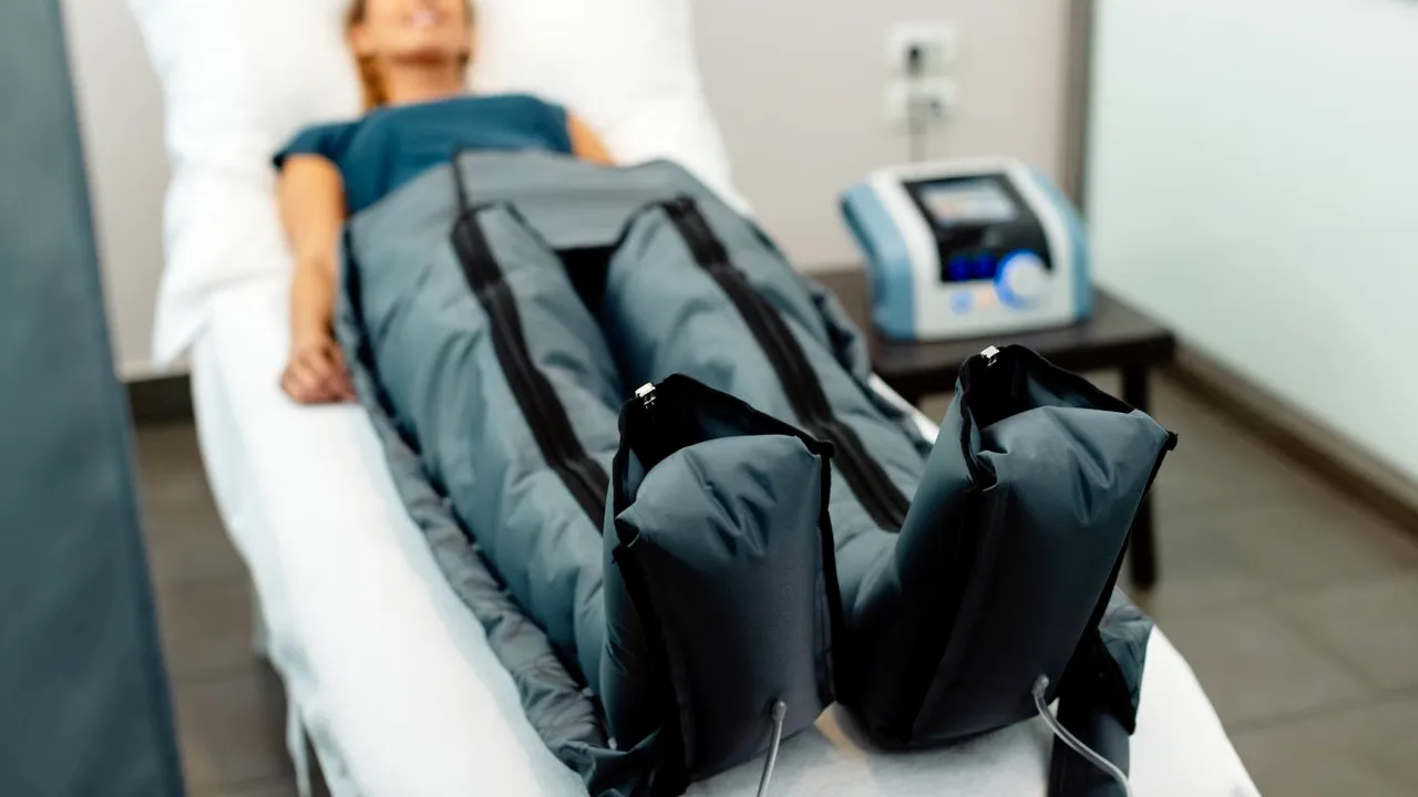 Close-up of pressotherapy treatment at spa center. 