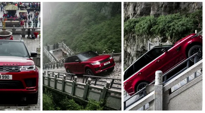 WOW! Cea mai tare cascadorie din istorie. Noul Range Rover Sport si-a testat limitele: a urcat 999 de trepte in conditii extreme, la Poarta Raiului din China