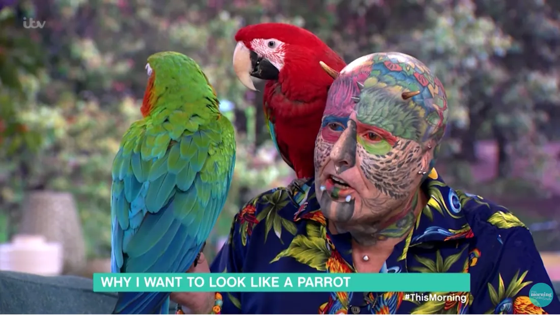 Omul papagal! S-a tatuat sa arate exact ca pasarile lui, iar acum toata lumea se mira de felul in care arata VIDEO