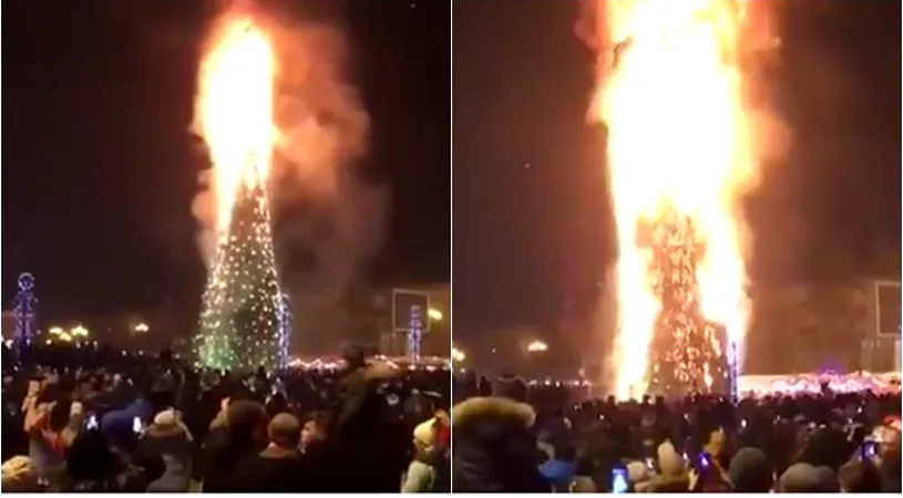 Acest brad de Craciun inalt de 25 de metri s-a facut scrum in fata locuitorilor ingroziti! Ce au facut rapid oamenii cand au vazut flacarile VIDEO