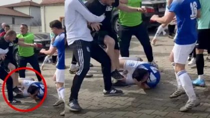 Scene de MMA la un meci de fotbal din România! Un jucător a fost aruncat la pământ și… „Ne-a făcut praf”