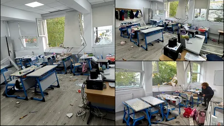 Imagini din Liceul Bolintineanu, afectat de explozia din Rahova. Geamurile unei săli de clasă, spulberate
