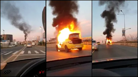 O mașină a luat foc în mers, în București. Pe cine au găsit polițiștii la volan