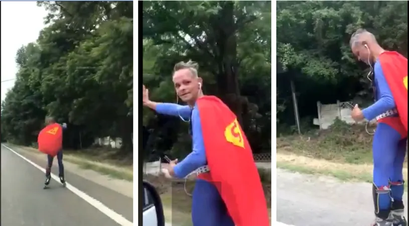 Doi politisti l-au oprit pe Superman pe role, pe un drum din Romania! Imaginile au devenit instant virale! VIDEO