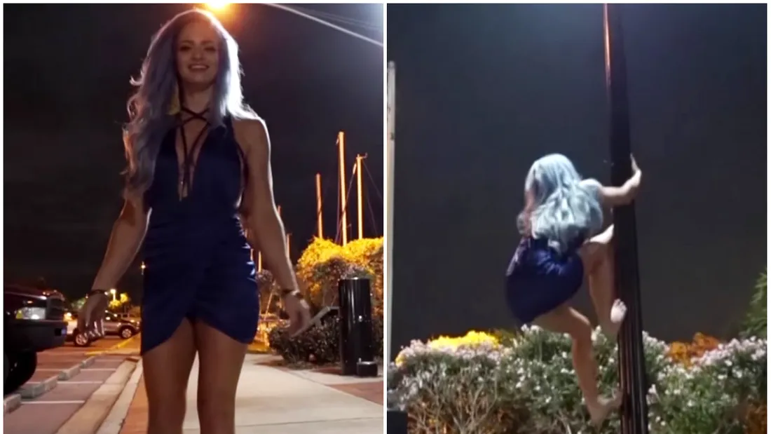 Blondina asta se plimba cu sotul in oras cand dintr-o data si-a scos tocurile si s-a urcat pe un stalp de iluminat! Ce a urmat e incredibil! VIDEO