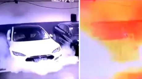 O masina Tesla a explodat din senin! Momentul socant, surprins de camerele de supraveghere VIDEO