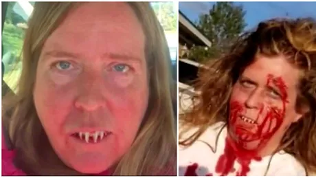 Femeia a trait momente horror, dupa o petrecere de Halloween! Si-a lipit dinti de zombie, dar a avut parte de socul vietii ei! VIDEO