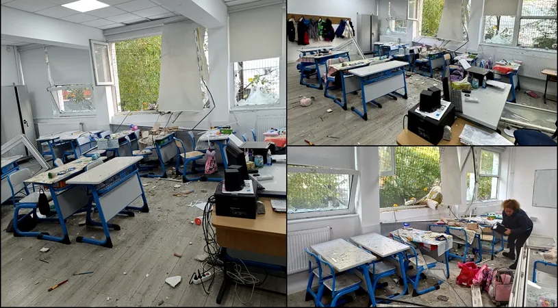 Imagini din Liceul Bolintineanu, afectat de explozia din Rahova. Geamurile unei săli de clasă, spulberate
