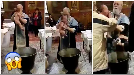 Botez horror la Braila! Preotul s-a enervat pentru ca bebelusul plangea. Micutul speriat l-a tras de haine si parintele a... VIDEO