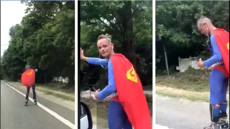 Doi politisti l-au oprit pe Superman pe role, pe un drum din Romania! Imaginile au devenit instant virale! VIDEO