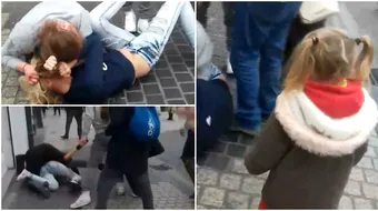 Aceste femei se bat si se injura mai ceva ca pe ringul de box! Imaginile socante au fost filmate in plina zi, cand o fetita asista la scene VIDEO