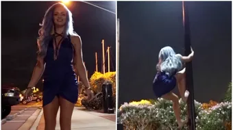 Blondina asta se plimba cu sotul in oras cand dintr-o data si-a scos tocurile si s-a urcat pe un stalp de iluminat! Ce a urmat e incredibil! VIDEO