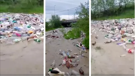 Imagini groaznice cu un rau de gunoaie din Romania! Tone de pet-uri de plastic plutesc in viteza: Doamne! Cat mai rezista planeta asta? VIDEO