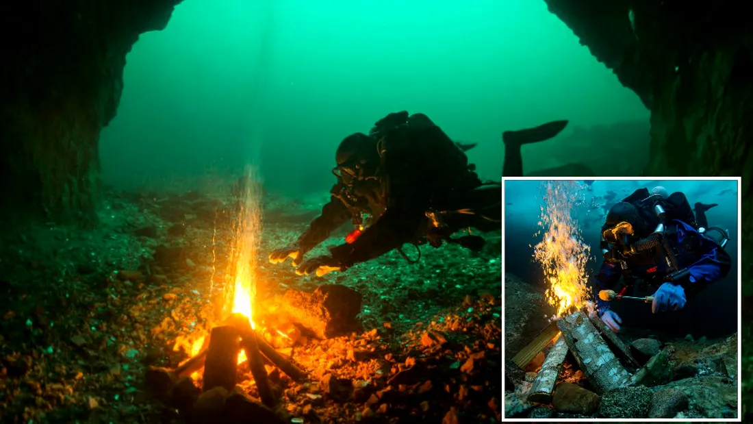 Un scafandru a 'aprins' un foc de tabara sub apa! Iti poti da seama cum a reusit sa faca una ca asta? Imaginile sunt virale