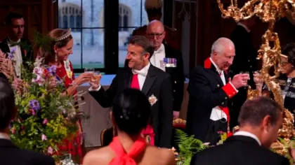 Ce a mâncat și a băut președintele Franței la banchetul regal de la Windsor. Macron i-a făcut cu ochiul prințesei Kate