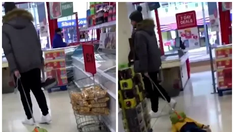 Copil, tarat prin supermarket de tatal lui. Imaginile sunt revoltatoare VIDEO