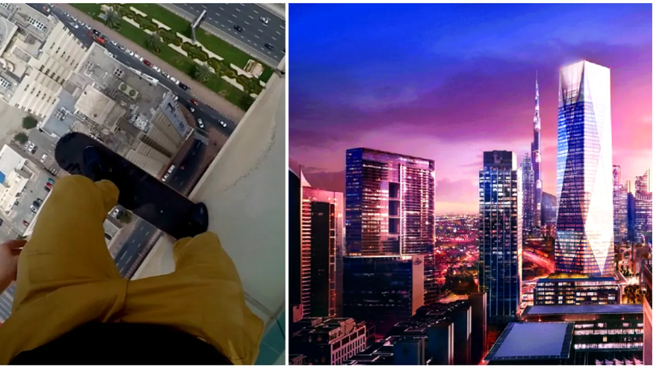 S-a urcat pe un zgarie-nori din Dubai si-a inceput sa faca scheme cu skateboard-ul 