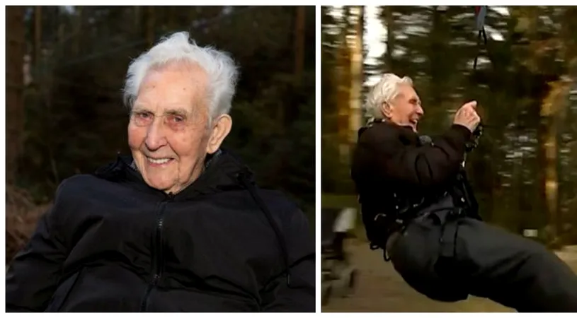 Pensionarul de 106 ani aventuros! E mai energic decat un tanar. De ziua lui, s-a dat pe tiroliana. Ce il mentine TANAR