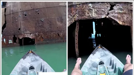 Tipul asta a intrat cu caiacul in epava de la Costinesti! Imaginile nemaivazute din interiorul navei au devenit instant virale! VIDEO